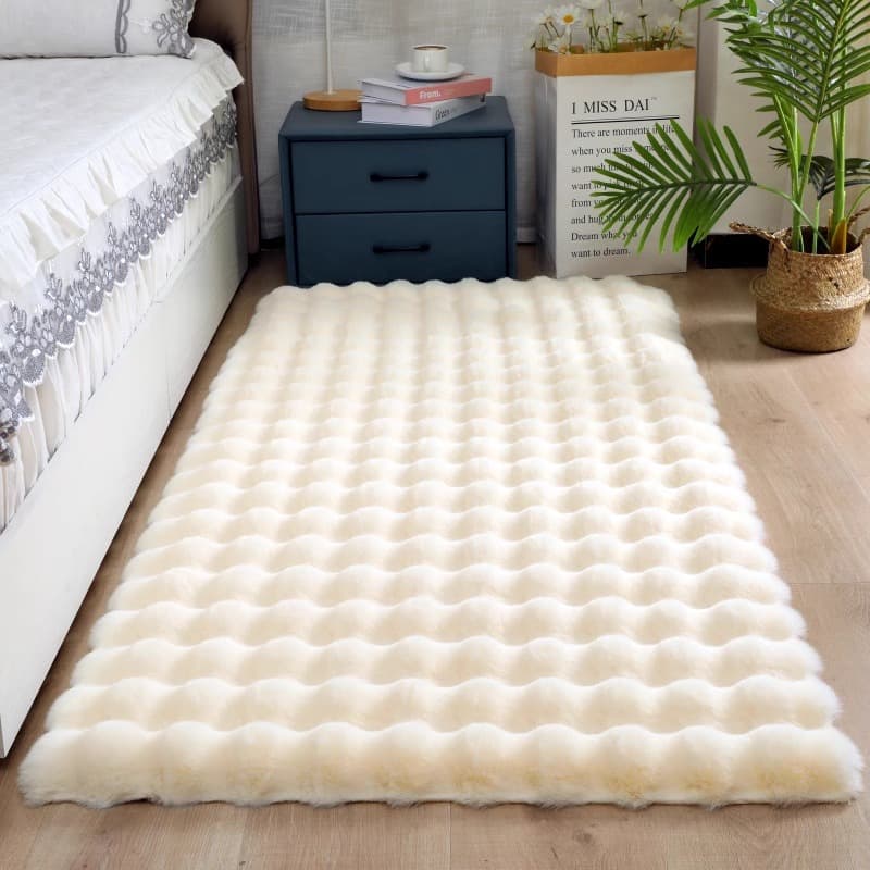 Cream-Colored Rabbit Fur Plush Carpet for Bedroom Bedside, Thick Carpet for Dressing Room, Living Room Bay Window, Sofa Rug, Simple Floor Mat