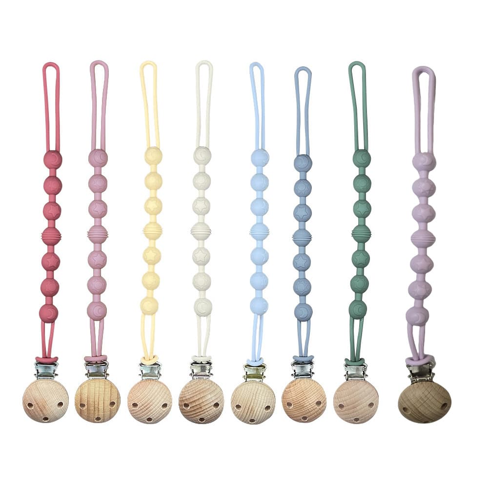 Baby Silicone Teether Chain Beechwood Clip Anti-Loss Anti-Corruption Teether Silicone Chain Wholesale Food Grade Silicone