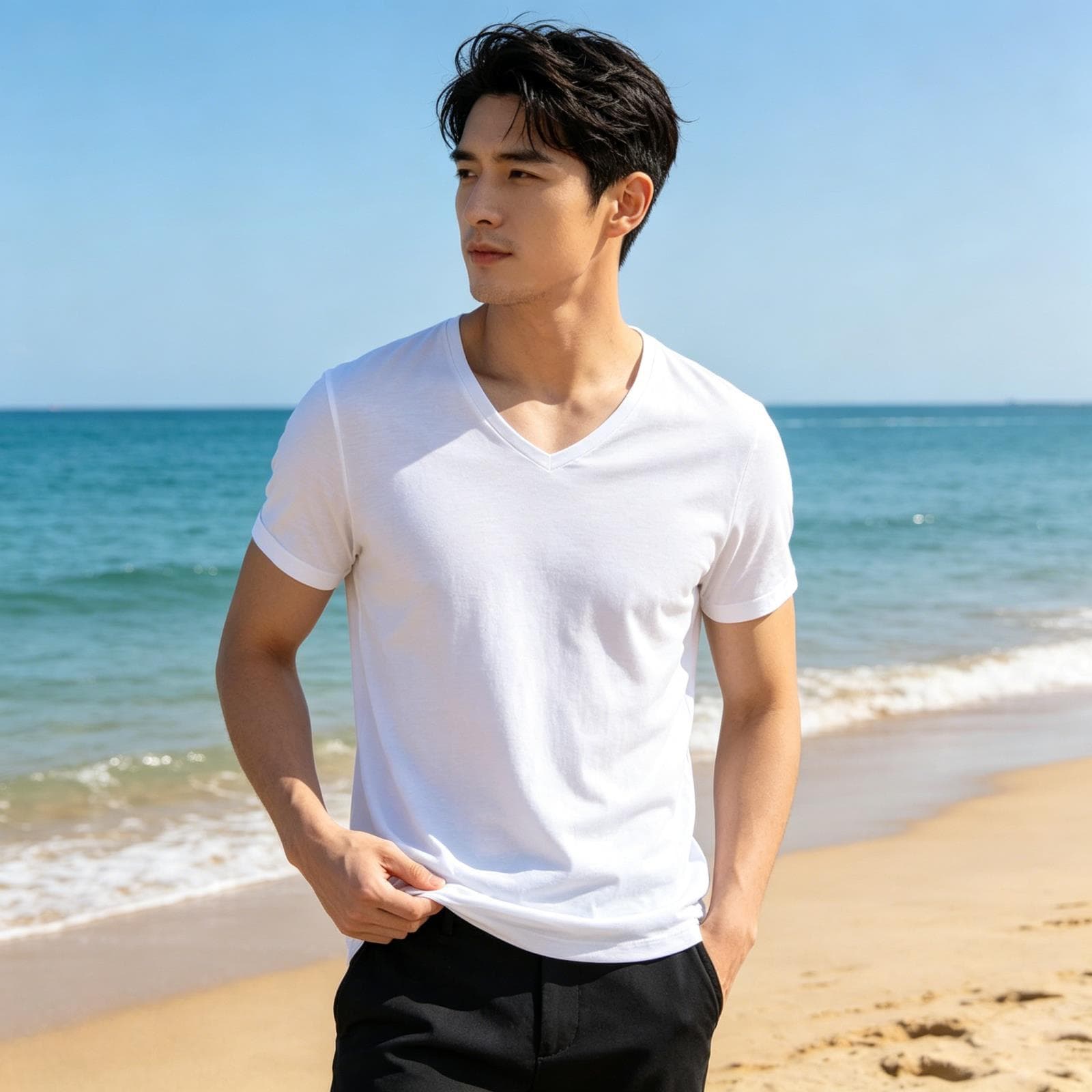 Summer Slub Cotton Undershirt, Japanese Casual Short Sleeve T-Shirt for Men, Simple and Versatile, Large Neckline, Soft Lightweight Tee