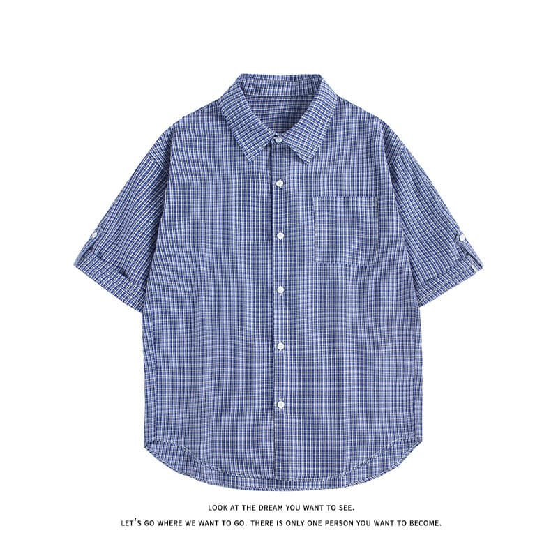 2025 New Men's Plaid Short Sleeve Shirt American Retro Blue Lapel Trendy Casual Shirt Jacket