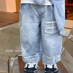 Personalized Spring Style Children's Patchwork Raw Hem Printed Jeans Straight Leg Pants for Girls and Boys Spring Autumn Casual Pants