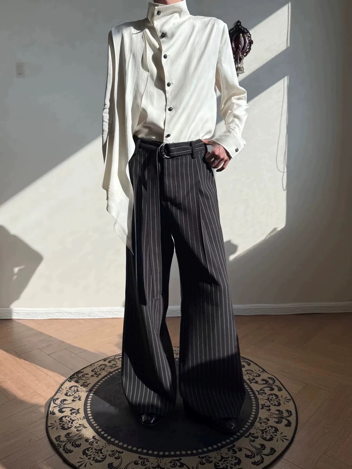 PEM 'Trace' Subtle Jacquard Single-Pleat Detachable Sash Wide-Leg Flared Retro Commuter Striped Trousers for Men and Women