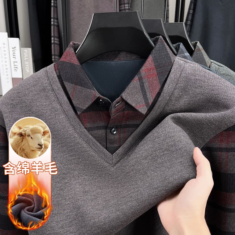 Winter Middle-Aged Men Fleece-Lined Thick Warm Underwear Can Be Worn Outdoors Dad High-End Shirt Collar Two-Piece Top Sweater