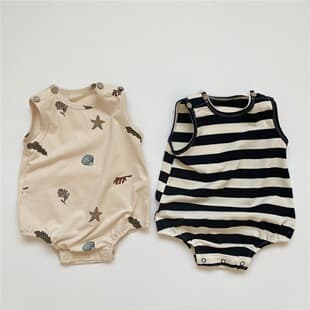 Summer 2023 Infant Cotton Striped Ocean Short-Sleeve Bodysuit Baby Vest Wrap Romper Crawling Outfit