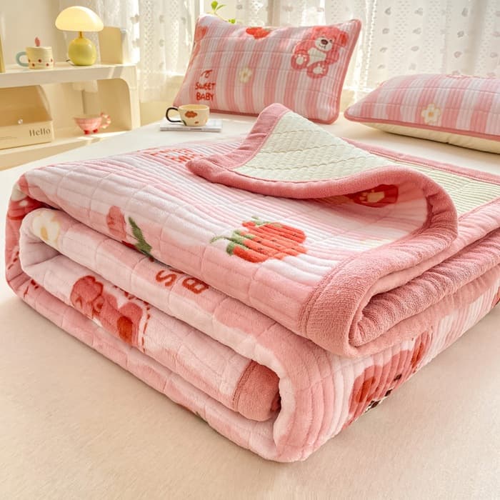Class A Milk Velvet Bed Cover Single Piece Quilted Thickened Bed Cover Three-Piece Set Coral Fleece Non-Slip Tatami Thickened Bed Sheet