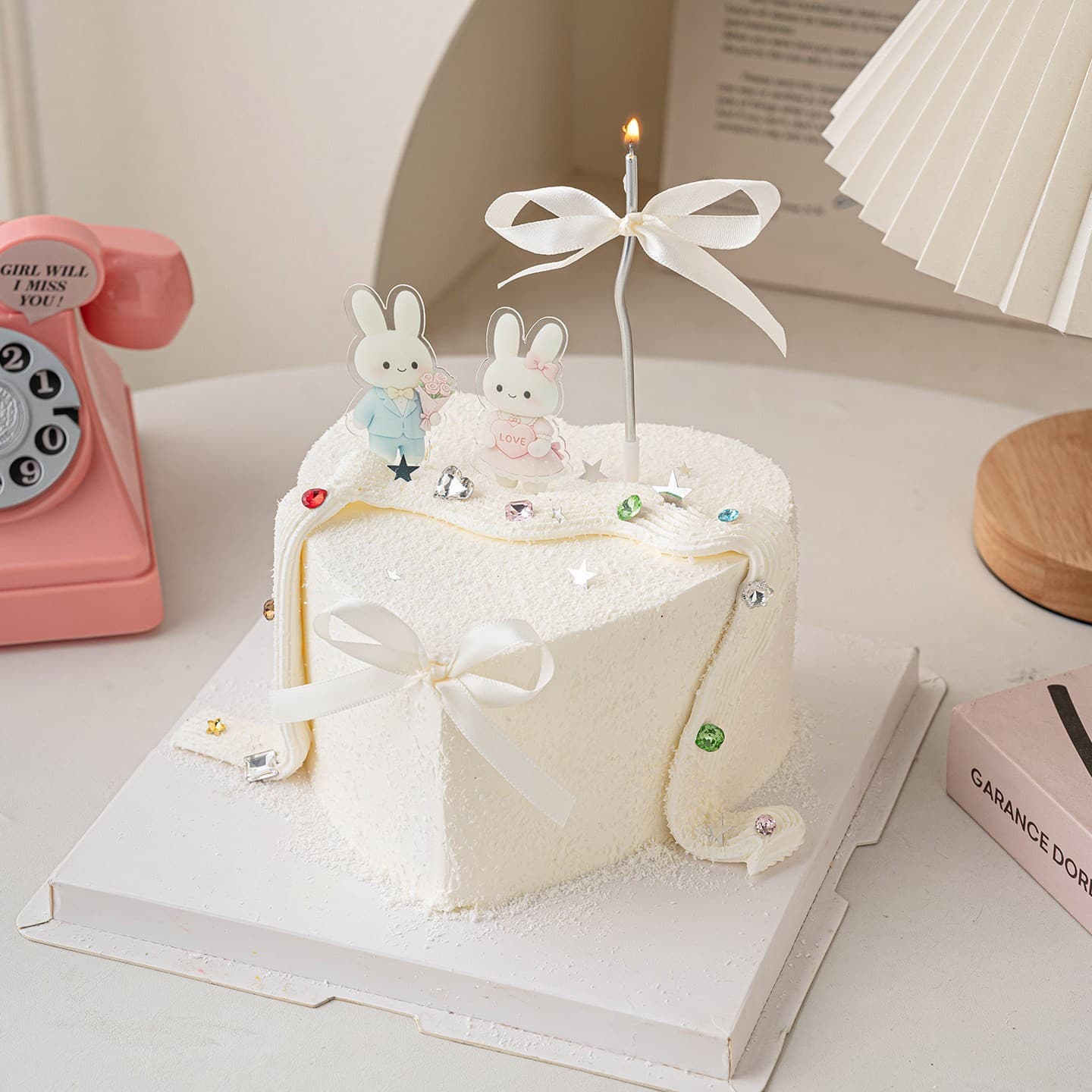 Couple Miffy Rabbit Cake Decoration Acrylic Insert Sign, Valentine's Day Colorful Diamond Gem Baking Topper