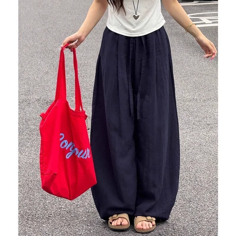 Navy Blue Curved Hem Pants for Women Summer Lightweight 2025 New High Waist Draped Loose Fit Linen and Tencel Wide Leg Pants