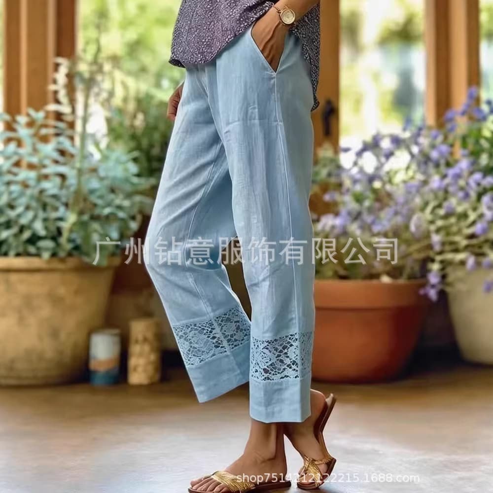 New Export Cross-Border European and American Women's Solid Color Elegant Cotton Lace Patch Mid-Rise Casual Pocket Ankle Pants