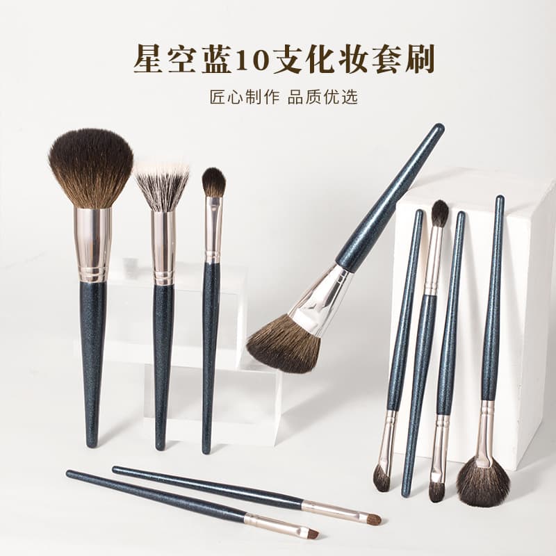 Fine Tip Goat Hair 10-Piece Makeup Brush Set Eyeshadow Brush Flat Foundation Brush Full Set Animal Hair Makeup Artist Recommended