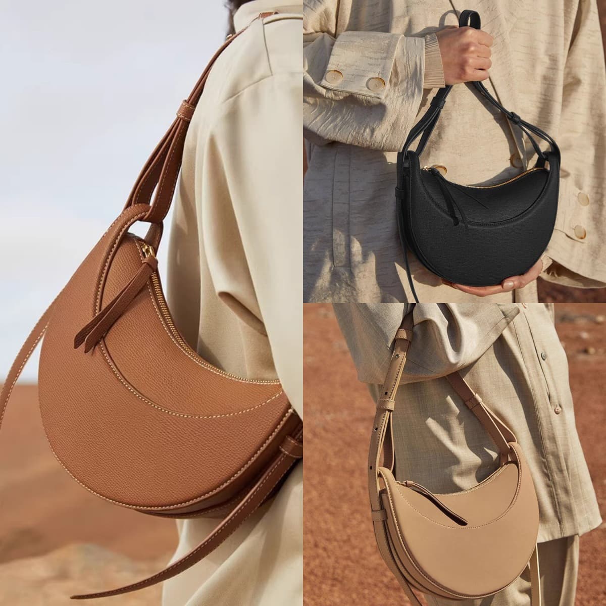 French POLENE minimalist design single shoulder crossbody bag, cowhide leather texture crescent bag, genuine leather women's bag, underarm saddle bag