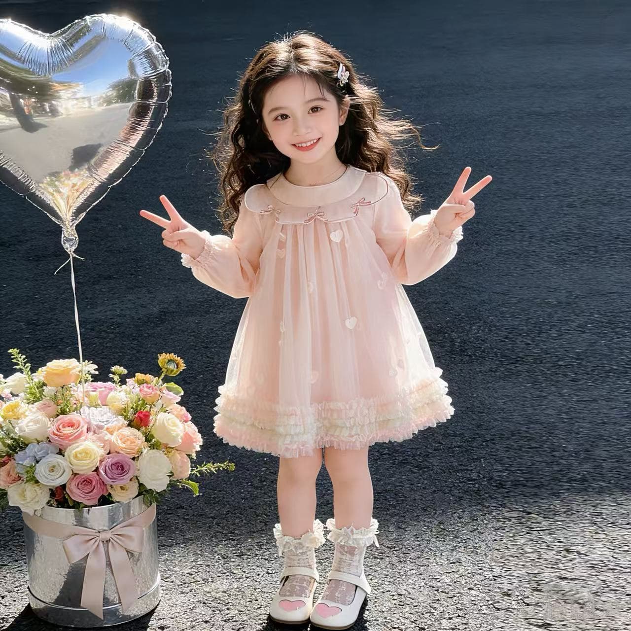 Girls Pink Heart Lolita Dress Spring Autumn Long Sleeve Princess Dress Children Mesh Tutu Dress Birthday Party Gown