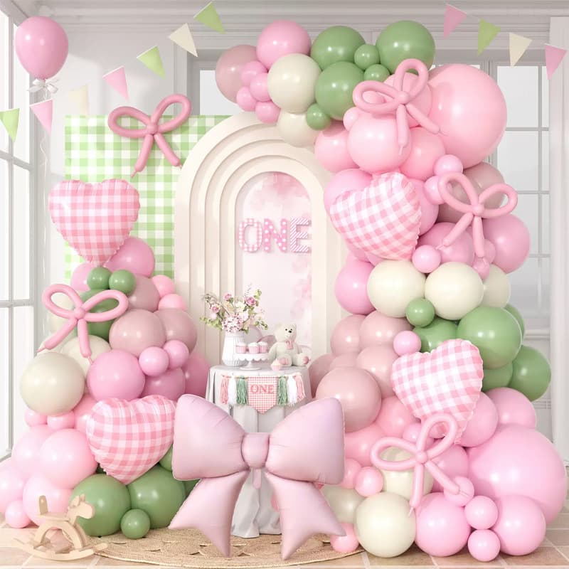 Pink Green Bow Plaid Heart Balloon Chain Set Baby Birthday Party Background Arch Balloon Set