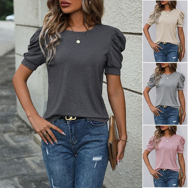 TEMU Summer New Casual Pullover T-Shirt Amazon European American Foreign Trade Women Top Puff Sleeve Short Sleeve T-Shirt