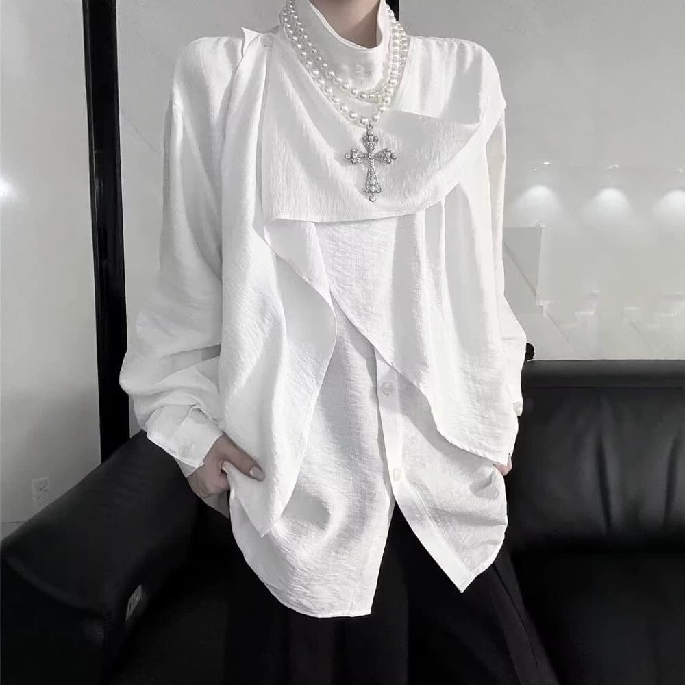 Chinese high-end splicing ribbon scarf long-sleeved shirt for men and women French stand-up collar neutral Hepburn style shirt jacket