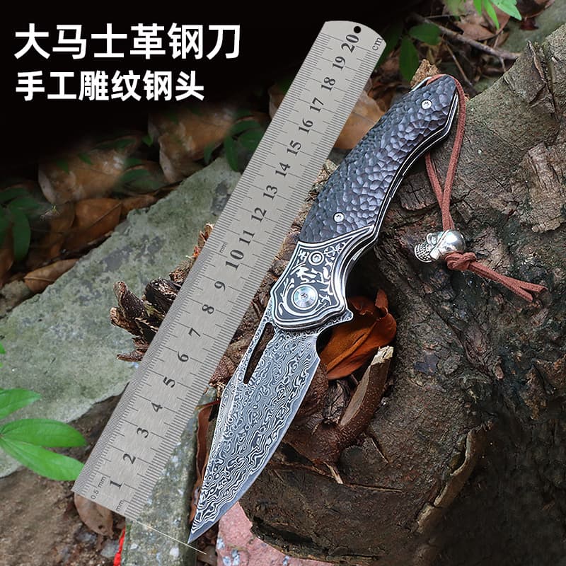 Survival Camping Folding Knife Handmade Black Ebony Wood Damascus Stainless Steel Self-Defense Portable Folding Knife