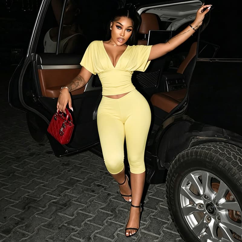 J26ST224 European and American Style Cross-border Women's Solid Color V-Neck Pleated Short Sleeve Top and Tight Capri Pants Two-Piece Set