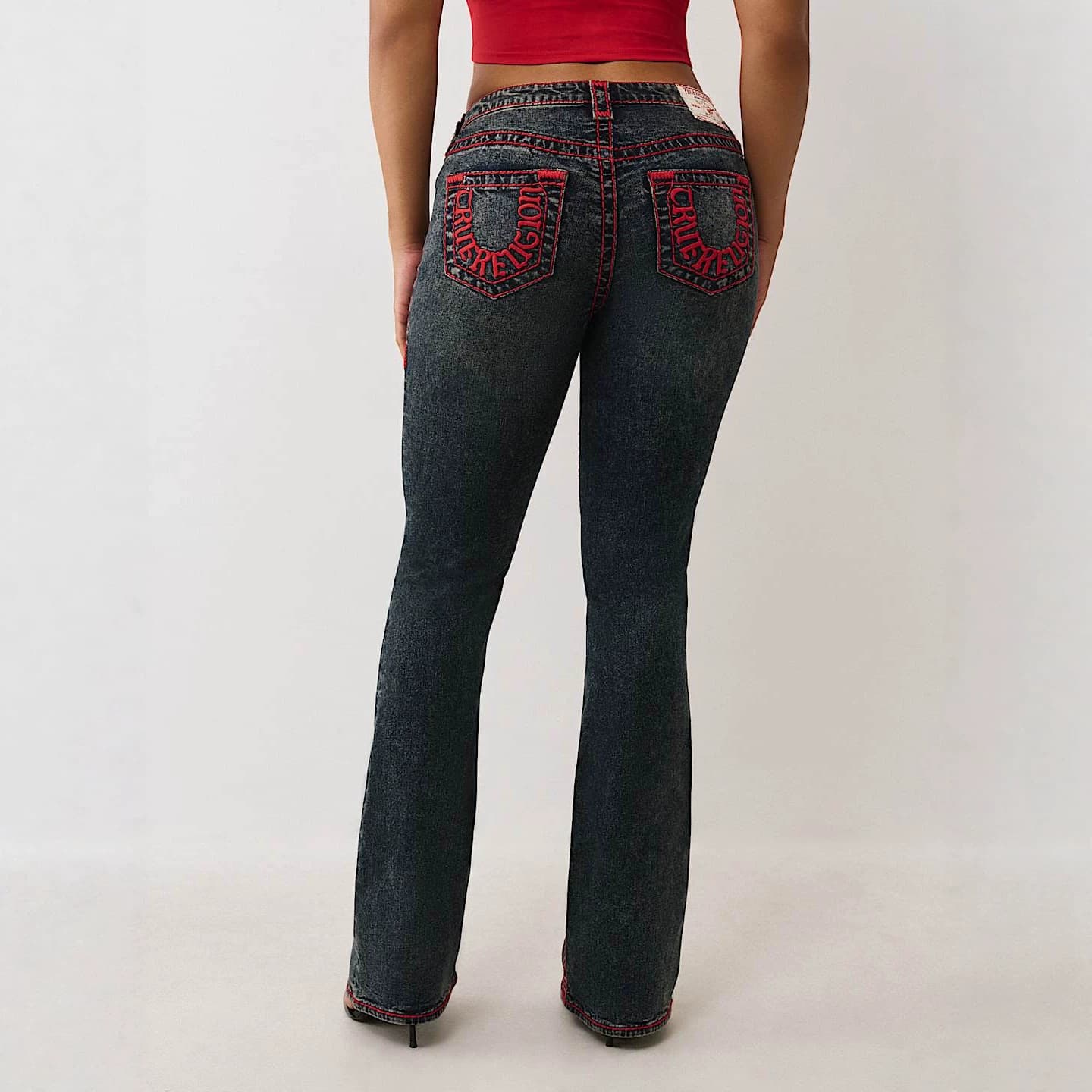 European and American cross-border trendy brand True Religion new embroidered line design jeans for women, slim fit slight flare pants