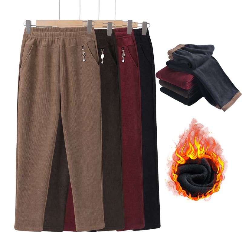 Fleece-Lined Straight-Leg Pants Women Outerwear Autumn/Winter Grandma Thick High-Waist Warm Cotton Pants Corduroy Middle-Aged Mom Trousers