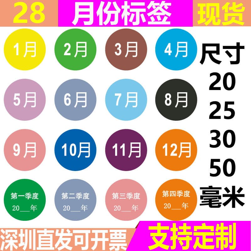 20-25-30-50MM Round Colorful Month Number Stickers 1-12 Month Number Classification Labels, Self-Adhesive