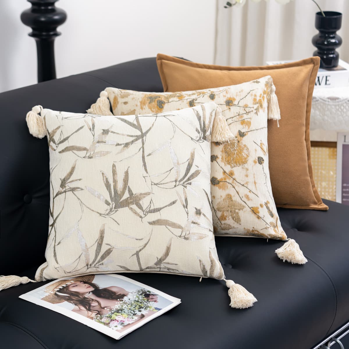 New Chinese Floral Tassel Throw Pillow Cover, High-End Showroom Living Room Headboard Cushion Backrest Cushion Cover Wholesale