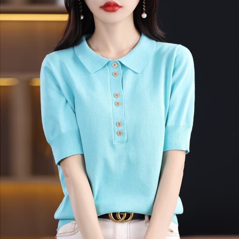 2026 spring and summer pure cotton knitted solid color short-sleeved POLO collar six-button t-shirt loose top high-end women's t-shirt short sleeve