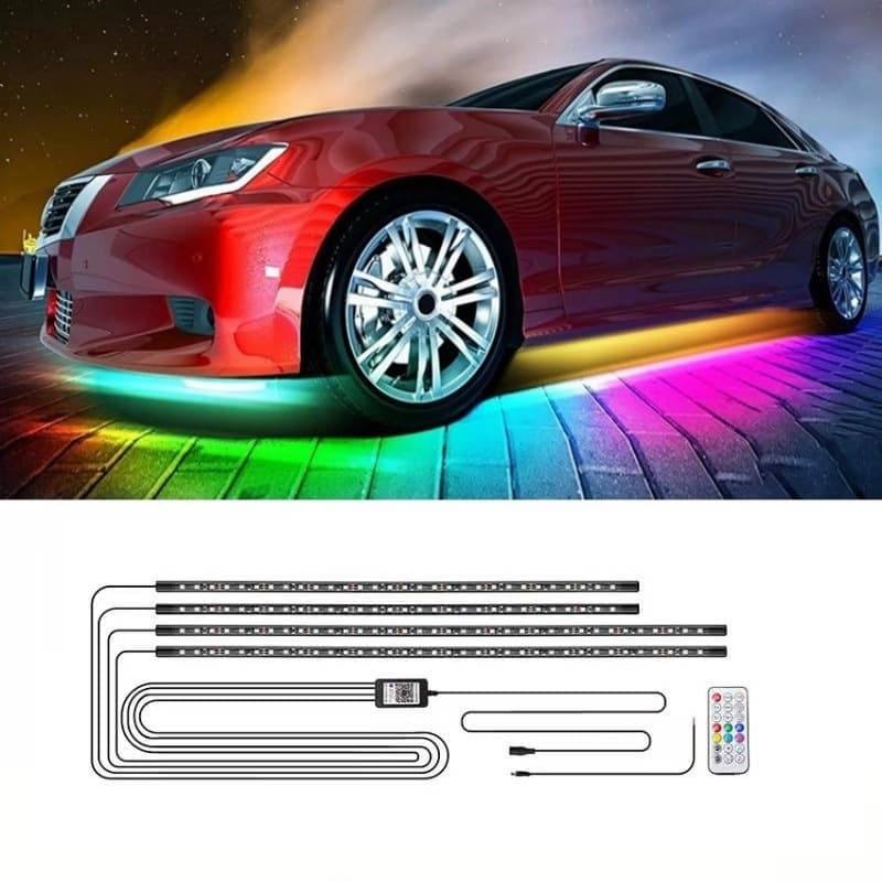 Car Colorful LED Bottom Light Strip Music Rhythm Water Flowing App Controlled Atmosphere Decorative Lights For Vehicles