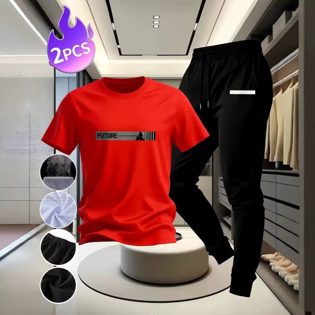 Cross-Border Summer European Size Men's Short Sleeve Crew Neck T-Shirt Fashion Casual Quick-Dry Short Sleeve Sports T-Shirt + Long Pants Set
