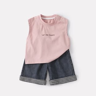 Infant Toddler Summer New Arrival Simple Letter Vest Baby Boy Rolled Hem Plaid Denim Shorts Stylish Two-Piece Set