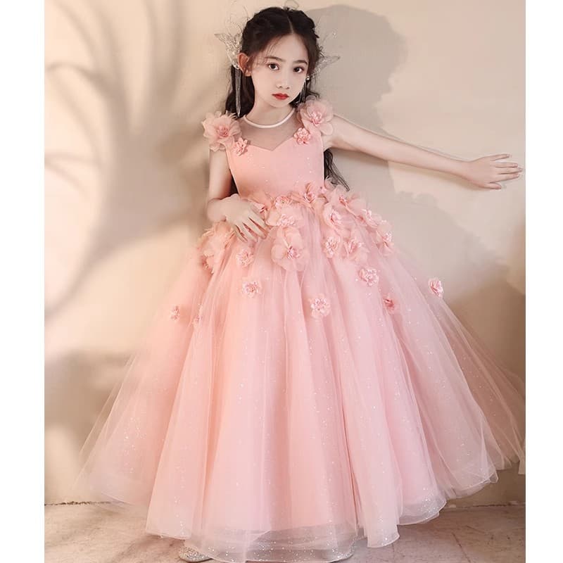 Girls Evening Gown Princess Dress Birthday Pink Children Host Flower Girl Wedding Big Kids Piano Performance Outfit Flowers