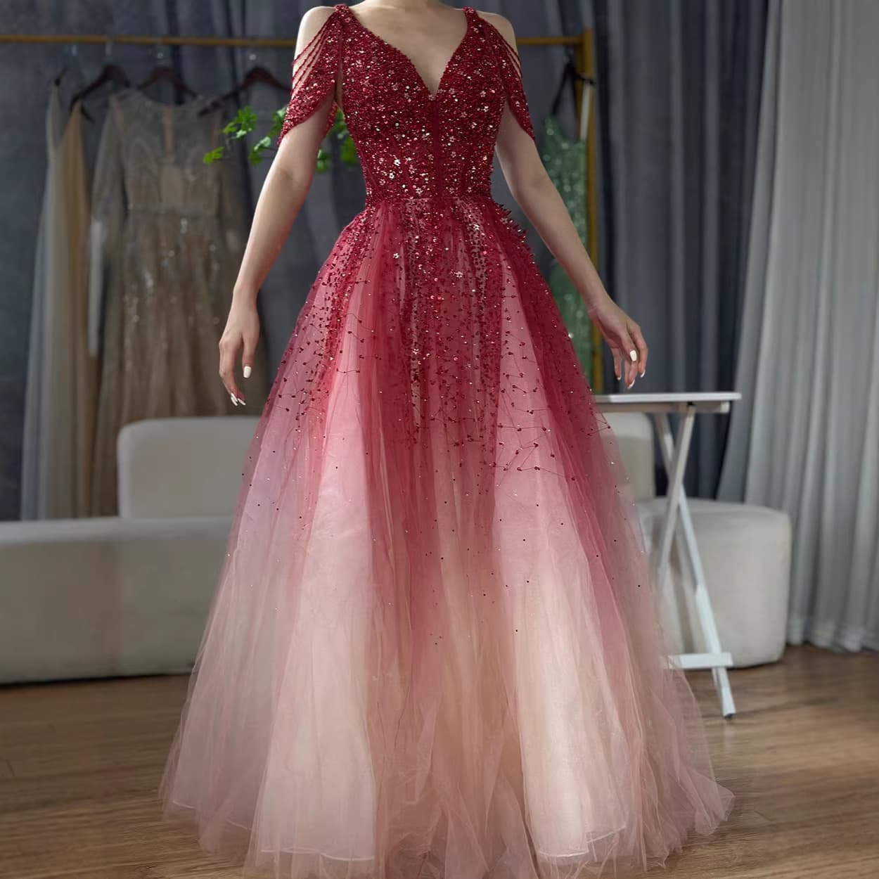 Gradient color sleeveless beaded slimming mesh elegant socialite wedding bridesmaid engagement long evening dress LA70983