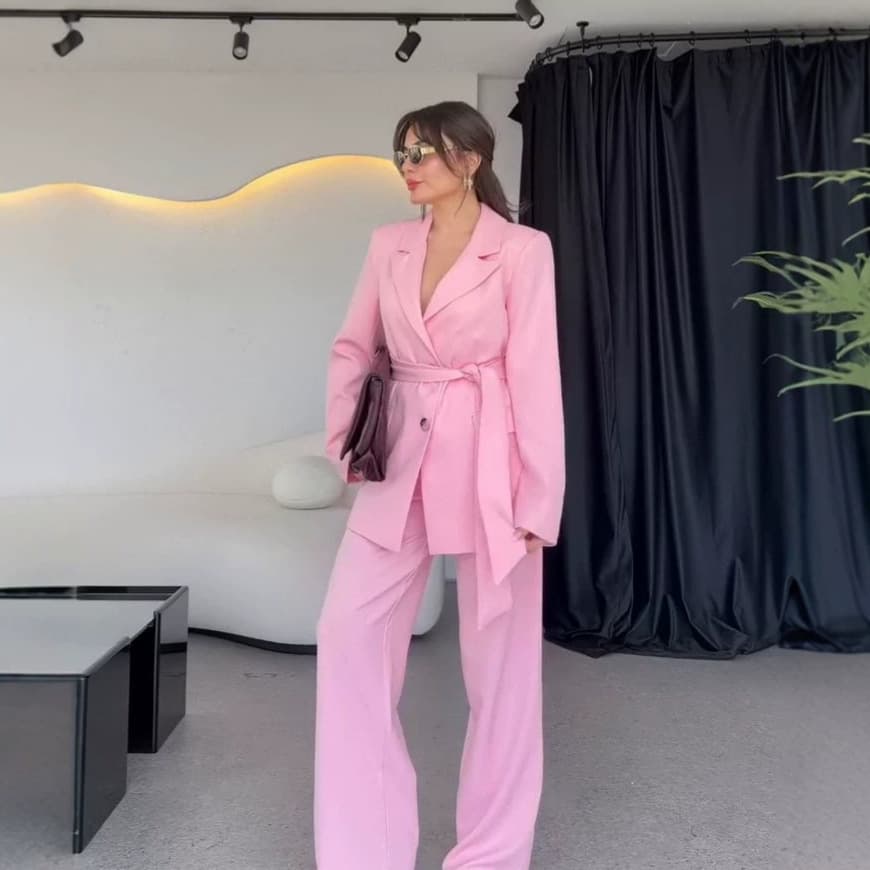 2026 Amazon European and American Women's New V-Neck Long-Sleeve Tie-Waist Blazer with Wide-Leg Pants Commuter Set