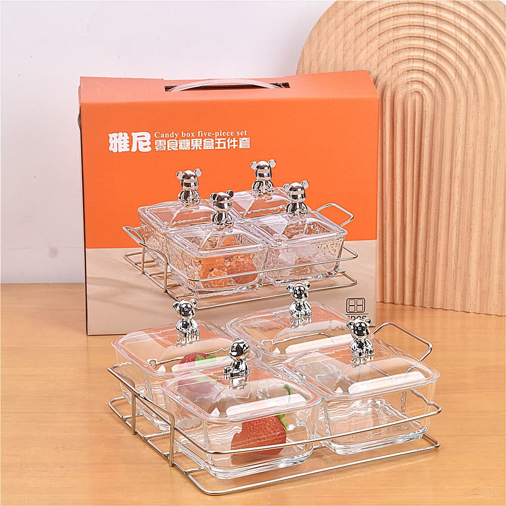 Yani Snack Box 5-Piece Glass Snack Box with Lid and Iron Rack, Home Tea Table Snack Candy Container