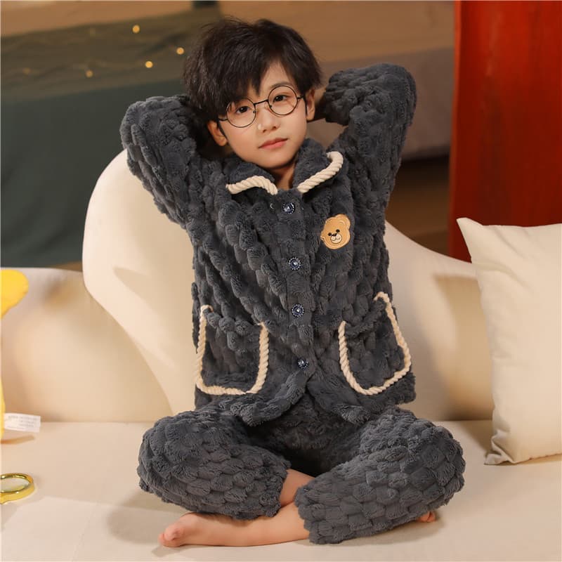 Children's Autumn/Winter Fleece-Lined Flannel Pajamas for Boys and Girls, Coral Fleece Homewear