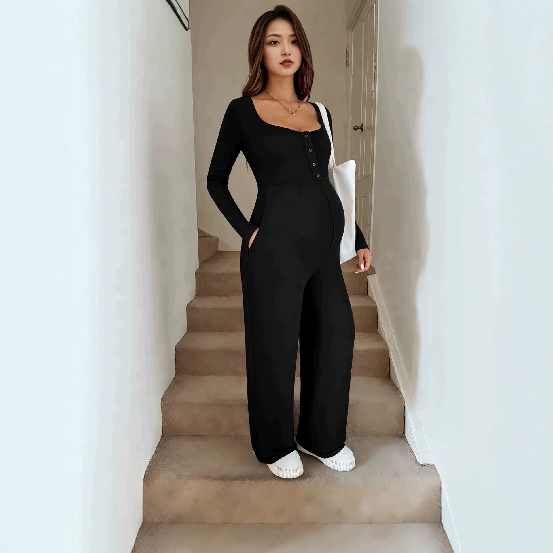 New Square Neck Long Sleeve Knit Nursing Jumpsuit - Comfortable Maternity Overall for Western Market