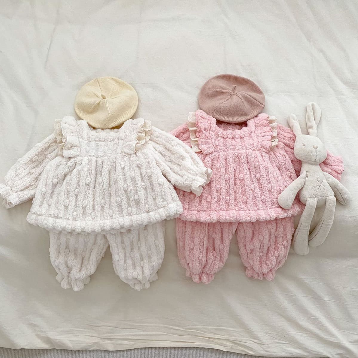Winter Baby Girl Simple Homewear Set Thick Arctic Velvet Lace Long Sleeve Doll Top and Pants Two-Piece Set