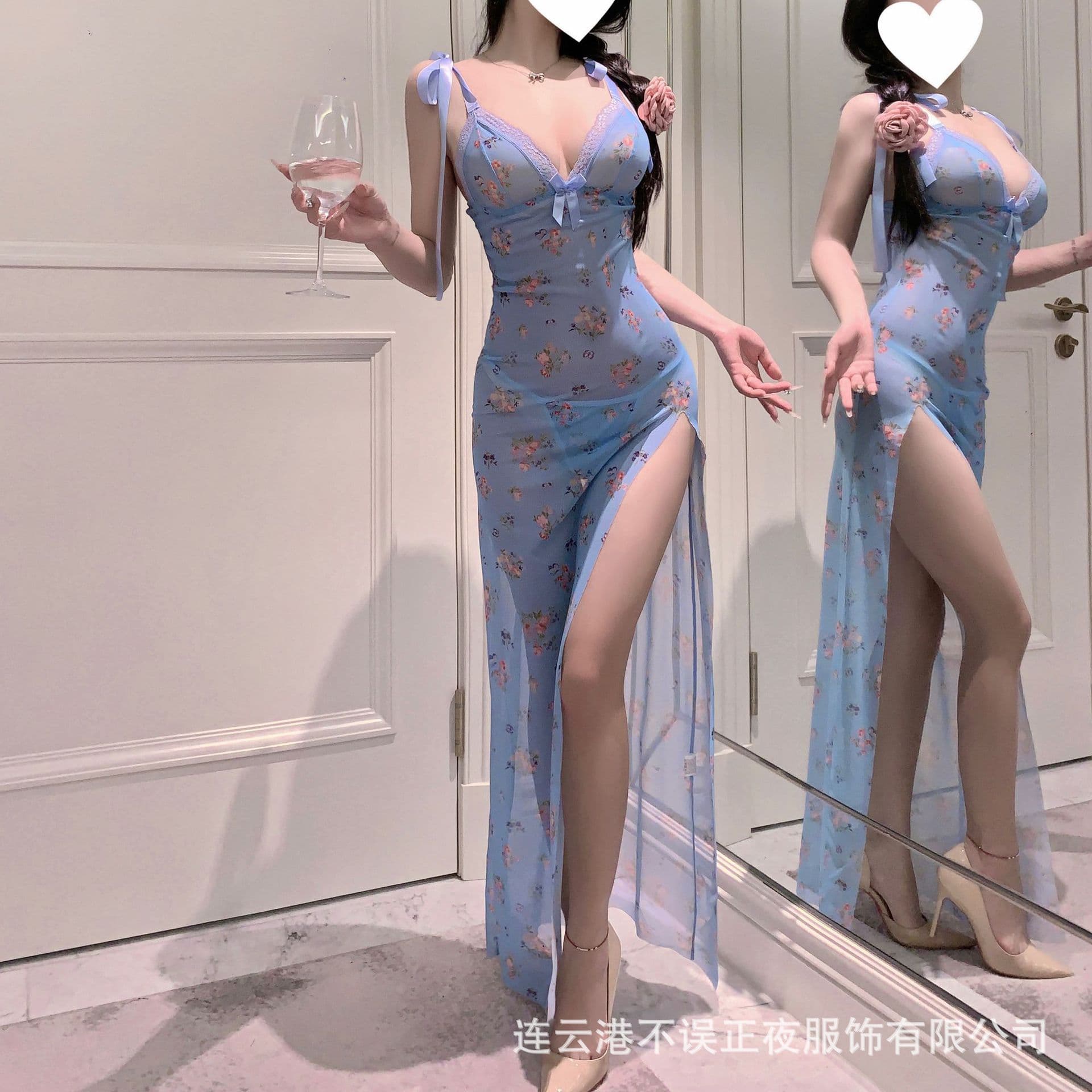 Sexy Lingerie Sleepwear Flirty Nightgown Pure Desire Floral Print Strappy Slit Dress QQNY