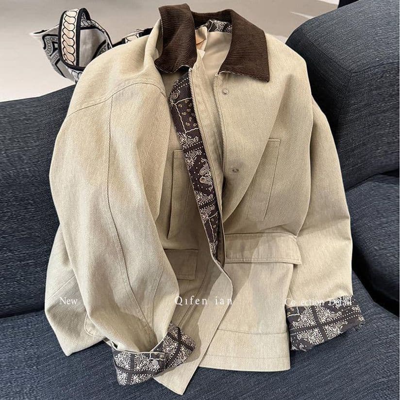 Retro Contrast Color Patch Turn-Down Collar Women's Windbreaker Jacket Autumn New High-End Elegant Loose Multi-Functional Jacket