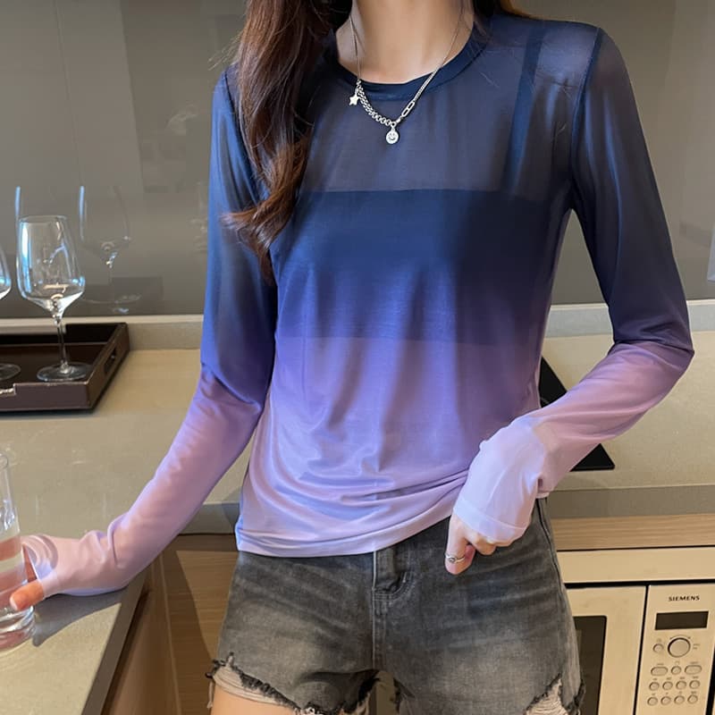 2022 new summer style, versatile round neck, gradient mesh long-sleeved T-shirt, fashionable sun protection clothing, bottoming shirt, blouse