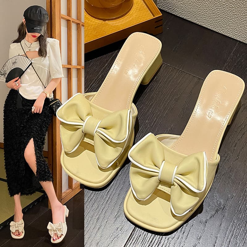 Thick Heel Bow Sandals Women's Shoes 2026 New French Style Flop Summer Medium Heel Fairy Style Sandals for Women