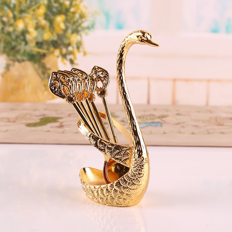 Fashionable Creative Metal Craft Kitchen Utensils Set Swan Shaped Spoon Fork Storage Holder For Fruits Silverware Dinnerware