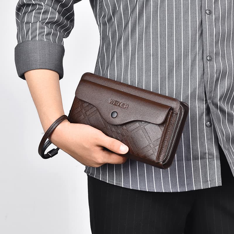 Casual Men's Long Business Wallet Portable Handheld PU Large Capacity Double Zipper Clutch Multi-Card Holder