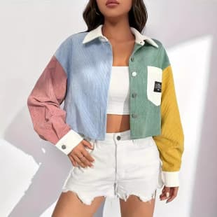 2026 Women's Corduroy Contrast Color Thin Loose Casual Jacket, Short Top