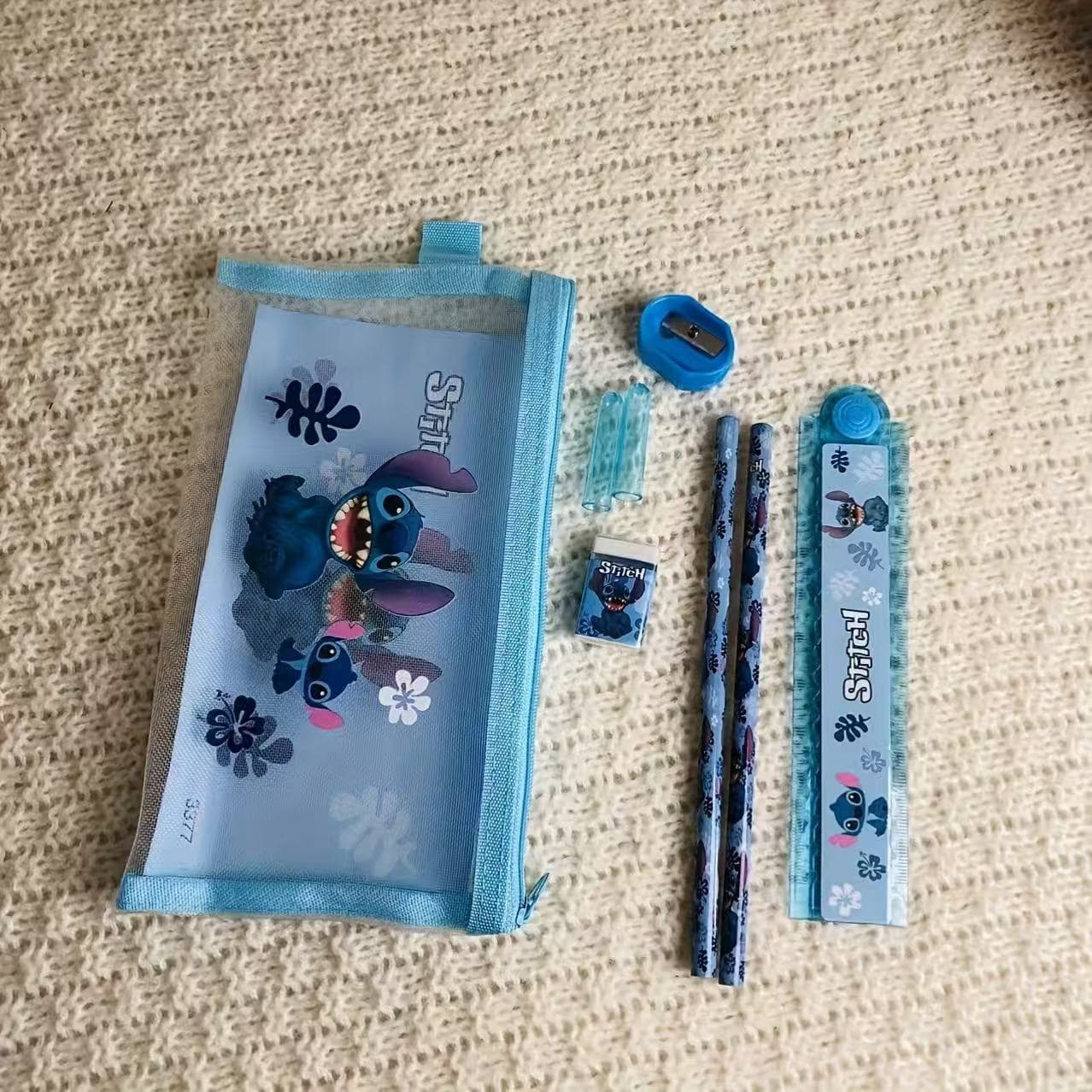Cross-border new pencil bag set nylon mesh bag Stitch rectangular pencil bag student 8-piece gift stationery set