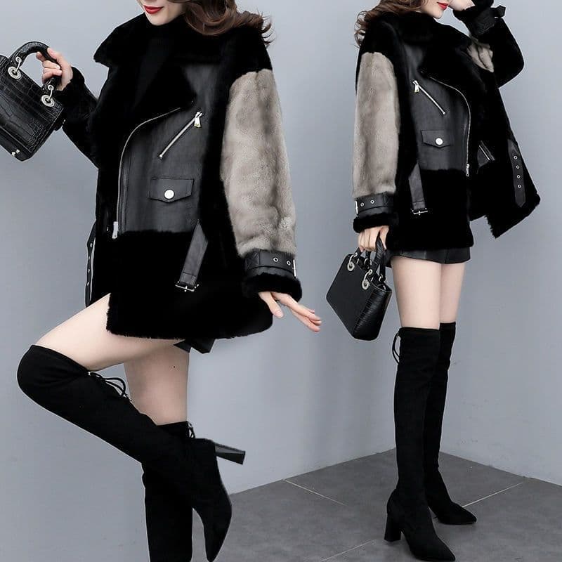 Fashionable Loose Faux Fur Shearling Coat for Women Short Style with Fur Collar and Stitching, Elegant Outerwear