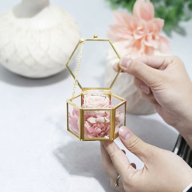 Modern Simple Hexagonal Engagement Wedding Ring Box Transparent Glass Jewelry Storage Birthday Gift Box Couple Rings Case