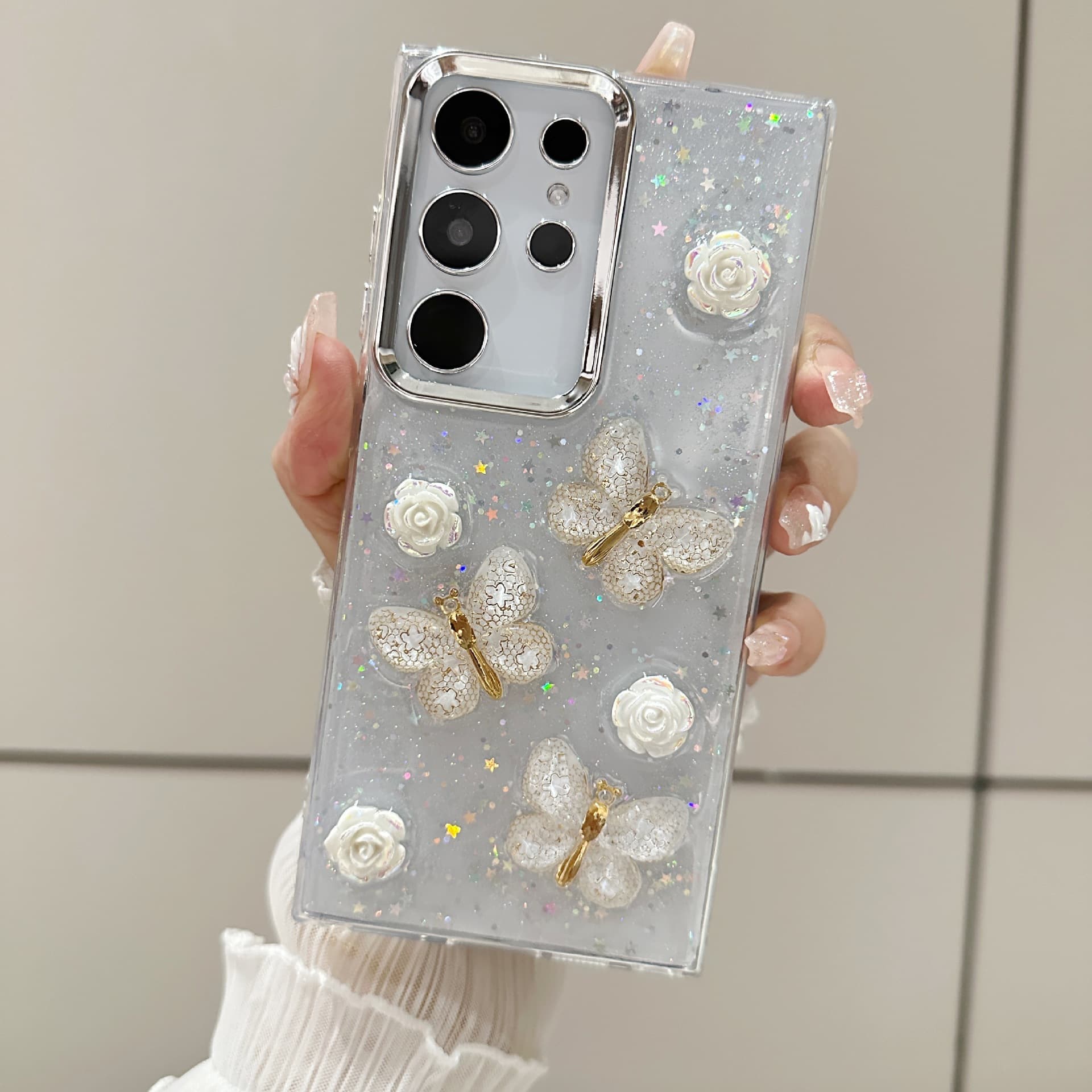 Ins Style White Rose Gold Butterfly S25 Ultra Phone Case Compatible with Samsung S25 Transparent S24 FE Protective Cover S20 for Women