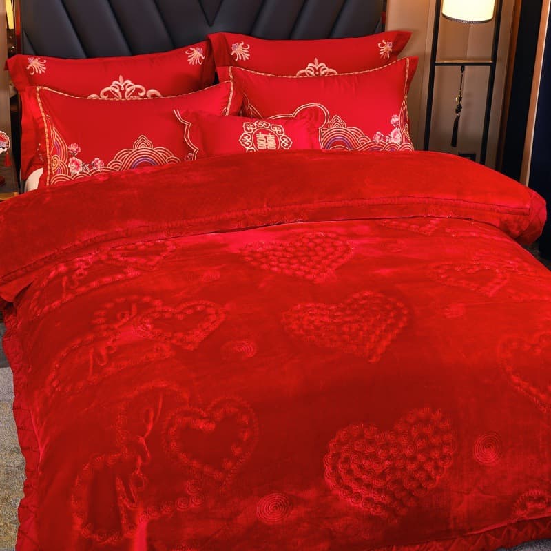 Wedding Red Blanket, Double-Layer Thick Raschel Blanket for Dowry, Winter Warmth Double Bed Cover