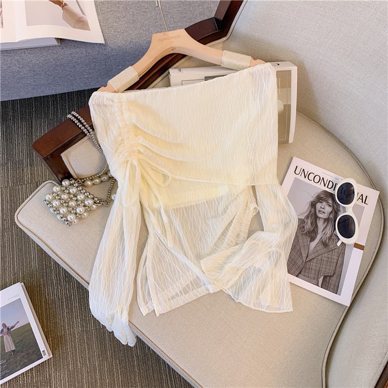 Real Shot ~ Elegant Hot Girl Off-Shoulder Lace Top Women Spring/Autumn Thin Design Exposed Shoulder Waist-Cinching Shirt