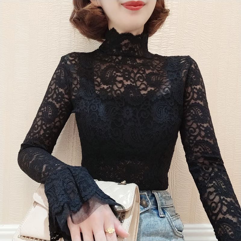 Lace Base Layer Shirt Fleece Women's New Style Mesh Lace Trim High Collar Sleeveless Tight Sexy Versatile Top