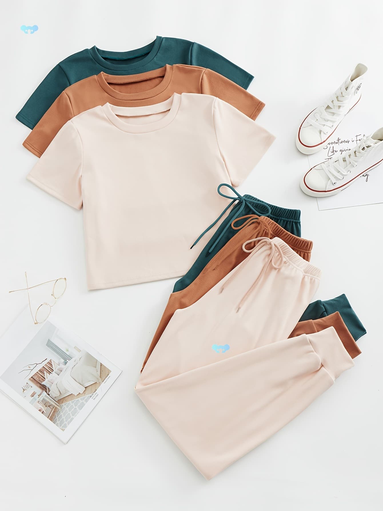3-Set Simple Solid Women's Loungewear, Crew Neck Short Sleeve